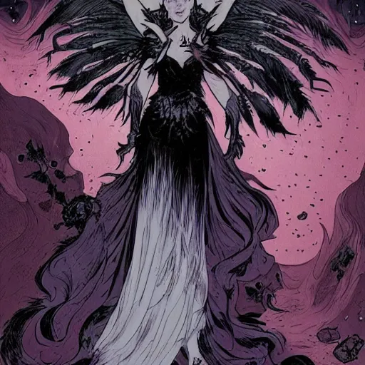 Prompt: jennifer connelly as gothic dark fae disney villain with black feathers instead of hair, feathers growing out of skin, space station, zero gravity, pulp sci fi, mike mignola, comic book cover, vivid, beautiful, illustration, highly detailed