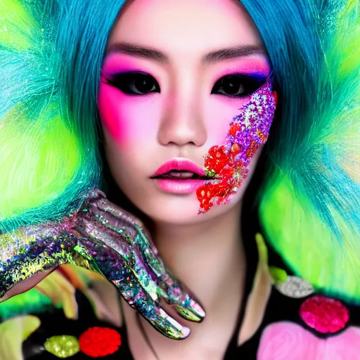 Prompt: japanese model with maximalist hair style and makeup, bright colors, fashion model, portrait shot, glitter, depth of field, 8 k, hyper detailed, intricate, trending on artstation