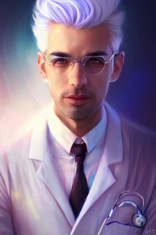 Image similar to character design, a handsome doctor with silver hair and a mixed face, blurred environment background, colorful magic effects, white skin, portrait, male, clothed, sharp focus, digital art, concept art, trending on artstation, dynamic lighting, by emylie boivin and rossdraws