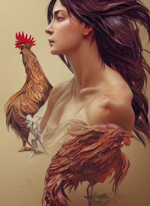 Image similar to full figure ultra realistic illustration, rooster, beautiful, intricate, elegant, highly detailed, digital painting, artstation, concept art, smooth, sharp focus, illustration, art by artgerm and greg rutkowski and alphonse mucha