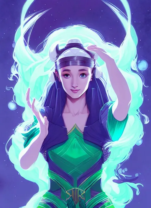 Image similar to style artgerm, joshua middleton, illustration, ariana grande as a high priestess wearing green pelt light armor, anime eyes, blue hair, swirling water cosmos, fantasy, dnd, cinematic lighting