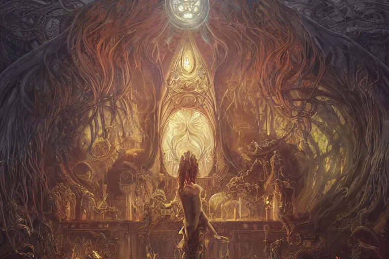 Image similar to a lovecraftian painting of a demonic shrine, occult, cult members, cosmic horror elements, ultra realistic, concept art, intricate details, eerie, highly detailed, photorealistic, octane render, 8 k, unreal engine. art by artgerm and greg rutkowski and alphonse mucha