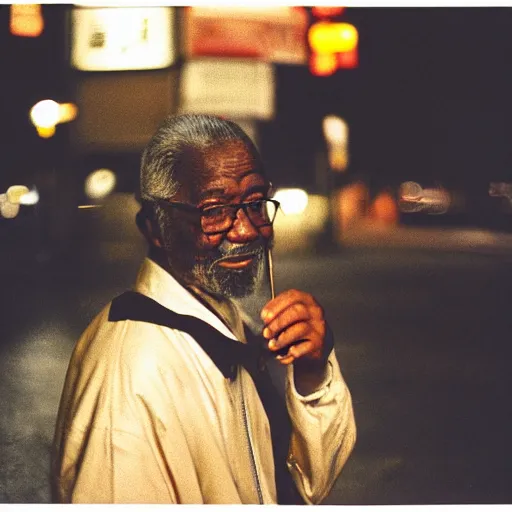 Image similar to old black man in tokyo at night, wearing gold chain, gold rings, cinestill 8 0 0,