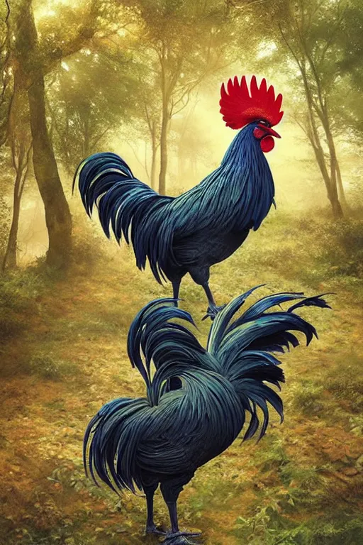 Image similar to a beautiful rooster in a forest, inspired by thomas eakes & greg rutkowski & xiang duan, perfect symmetry, magic realism, post - processing, extremely hyper - detailed, intricate, soft - lighting, lifelike attributes, masterpiece, pastel'