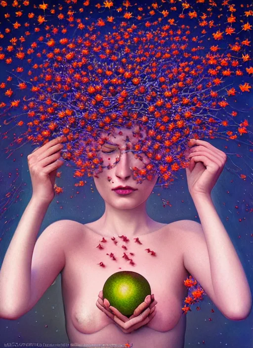 Image similar to hyper detailed 3d render like a Oil painting - Aurora (Singer) Eats of the Strangling Fruit of penance open eyes and Her Hands full of gossamer polyp blossoms bring iridescent fungal flowers whose spores black the foolish stars by Jacek Yerka, Mariusz Lewandowski, Houdini algorithmic generative render, Abstract brush strokes, Masterpiece, Edward Hopper and James Gilleard, Zdzislaw Beksinski, Mark Ryden, Wolfgang Lettl, hints of Yayoi Kasuma, octane render, 8k