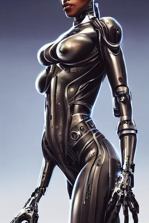 Image similar to Photorealistic illustration, full body black women cyborg , with fashion clothe, six digital eyes by sorayama , cyberpunk 2077, sci-fi, futuristic, intricate, elegant, highly detailed, digital painting, artstation, concept art, smooth, sharp focus, art by artgerm, greg rutkowski and alphonse mucha