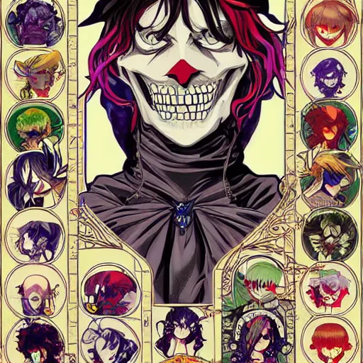 Image similar to anime manga skull portrait marvel young woman joker dc balloons comic skeleton illustration style by Alphonse Mucha pop art nouveau