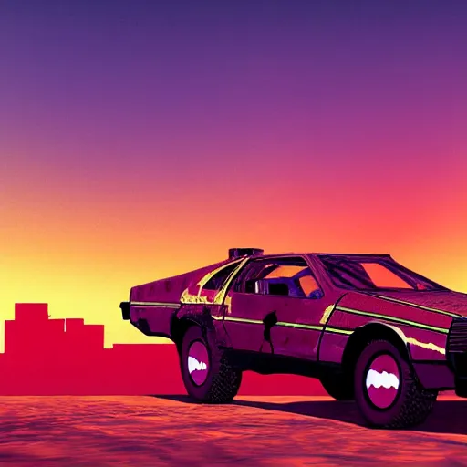 Image similar to wasteland hotline miami desert apocalypse car on fire wasteland war destroyed wide shot landscape nuke fire craters end of the world miami beach sunset palm trees 80s delorean unreal engine style