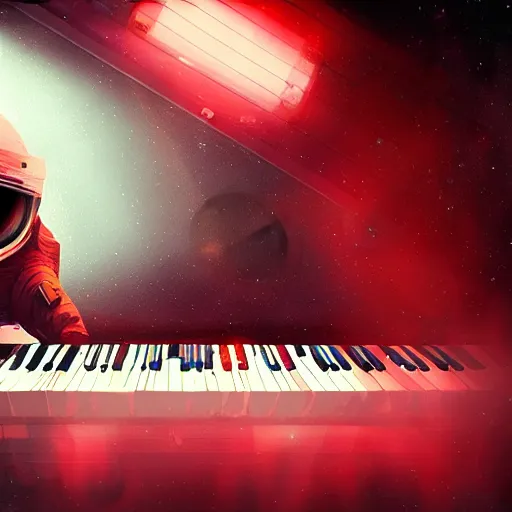 Prompt: astronaut playing keyboard by ben templesmith, digital painting, digital art, beautiful, cinematic, 4 k, ultra hd, art by ben templesmith, dynamic lighting, black and red color scheme