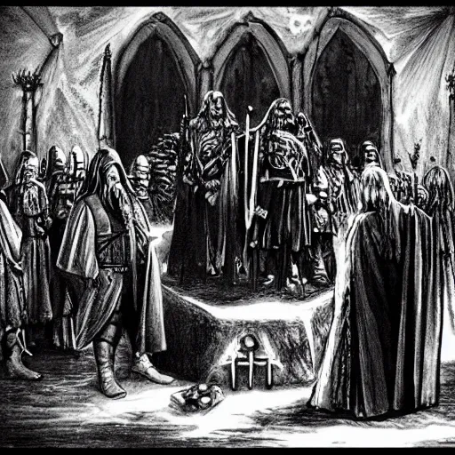 Image similar to a scene from lord of the rings, masonic, occult ritual