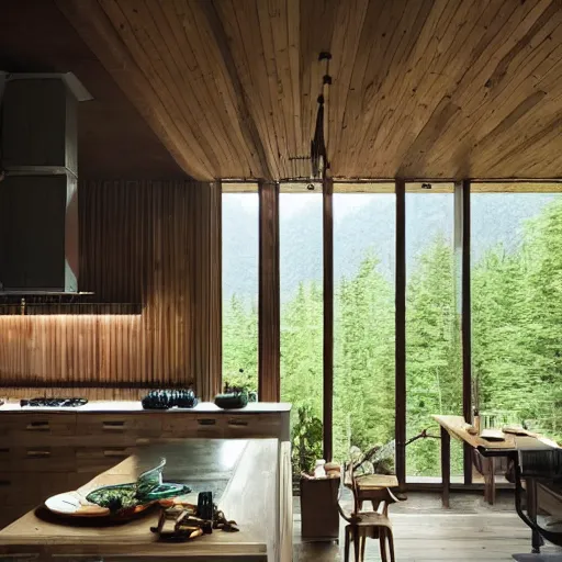 Image similar to a modern kitchen inside of a wooden cabin designed by peter zumthor, surrounded by tropical vegetation, poetic architecture, digital painting, greg rutkowski, artstation