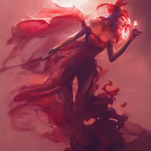 Prompt: a beautiful artwork of a scarlet sorceress performing magic, by raymond swanland and jesper ejsing, featured on art station, lighting study, concept art, beautiful composition, rim light