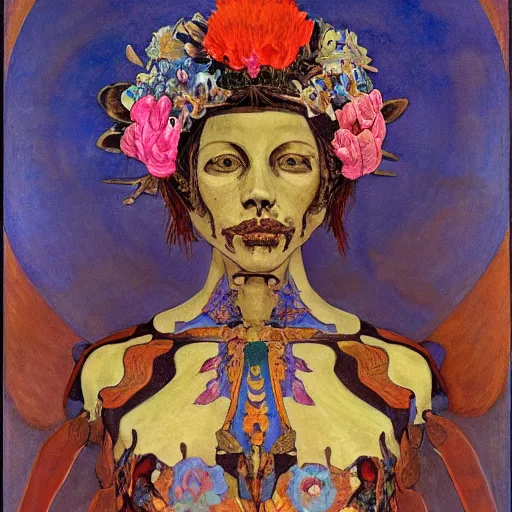 Image similar to the crown of flowers and bones, by Annie Swynnerton and Nicholas Roerich and Diego Rivera, bioluminescent skin, elaborate costume, geometric ornament, symbolist, cool colors, smooth, sharp focus, extremely detailed