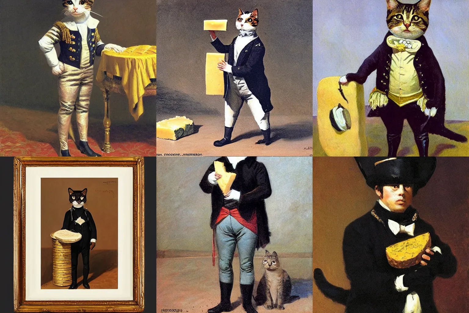 Prompt: a cat dressed as Napoleon holding cheese by Frederic Remington