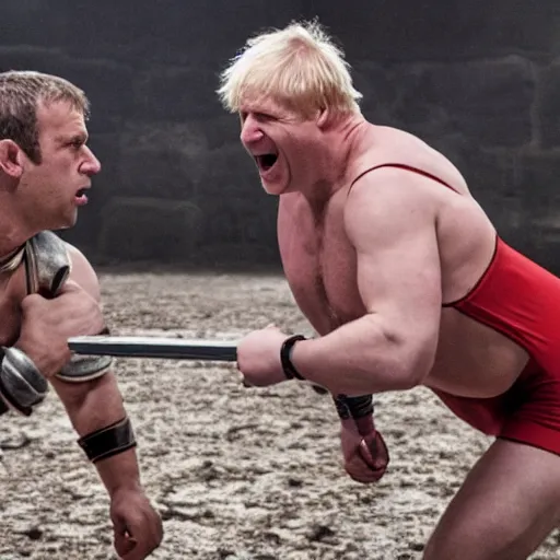 Prompt: film still of a gladiator arena duel fight, boris johnson wrestles emmanuel macron, epic cinematic shot