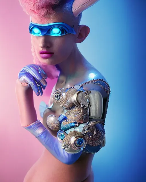 Prompt: natural light, soft focus portrait of a cyberpunk anthropomorphic snail with soft synthetic pink skin, blue bioluminescent plastics, smooth shiny metal, elaborate ornate head piece, piercings, skin textures, by annie leibovitz, paul lehr