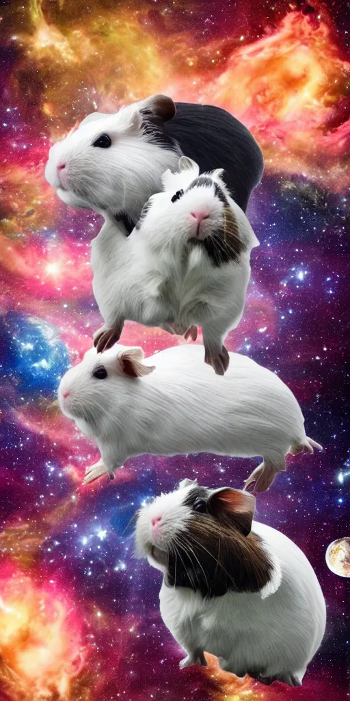 Prompt: ultra realistic guineapigs floating in space suits floating in space on the cover of vogue magazine, 4 k, 8 k, nebula, universe, many stars, space station