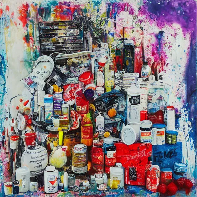 Prompt: “ pharmacy, street hawkers, medical supplies, pills and medicine, medicinal herbs, a candle dripping white wax, squashed berries, berry juice drips, acrylic and spray paint and oilstick on canvas, surrealism, neoexpressionism ”