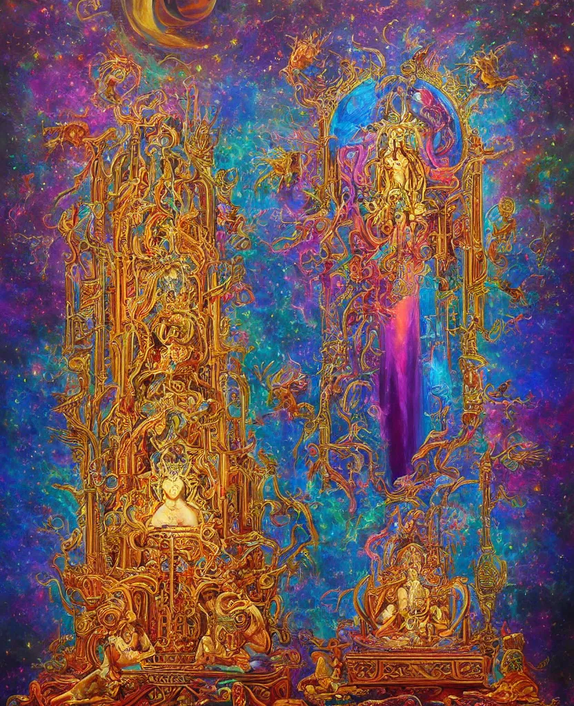 Image similar to holy throne of the lunar god, award winning oil painting, iridescent aberration celestial color palette