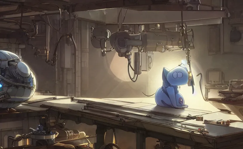 Image similar to an anime mechanical robot cat sleeping on a mechanics workbench in a spaceport in dieselpunk ghibli animated film, volumetric lighting, octane render by stanley artgerm, greg rutkowski, studio ghibli, alphonse mucha, norman rockwel, highly detailed, warm lighting, lens flare