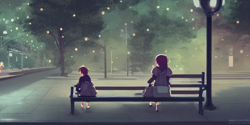 Image similar to lonely girl sitting on a bench waiting at a train station, evening, detailed matte painting, low angle view, telephoto lens, bokeh, studio ghibli, artstation