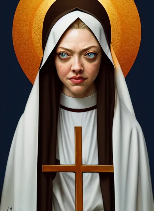 Image similar to portrait of amanda seyfried as a nun, catholic, church, bible, christian, intrigante, headshot, highly detailed, digital painting, artstation, concept art, sharp focus, cinematic lighting, illustration, art by artgerm and greg rutkowski, alphonse mucha, cgsociety