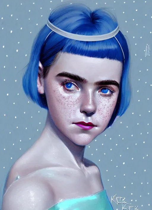 Image similar to portrait of kiernan shipka with freckles, white hair, big 1 9 6 0 s bob hairstyle with bangs and hairband, blue 1 9 6 0 s dress, intricate, elegant, glowing lights, highly detailed, digital painting, artstation, concept art, smooth, sharp focus, illustration, art by wlop, mars ravelo and greg rutkowski