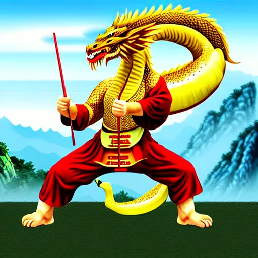 Image similar to Chinese president, battle, bananas weapon, dragon, mountains background, fighting stance, painting