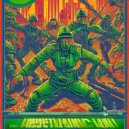 Prompt: a plastic green army men manufacturing line, artwork by greg hildebrandt and dan mumford, vibrant colors, children's book cover artwork
