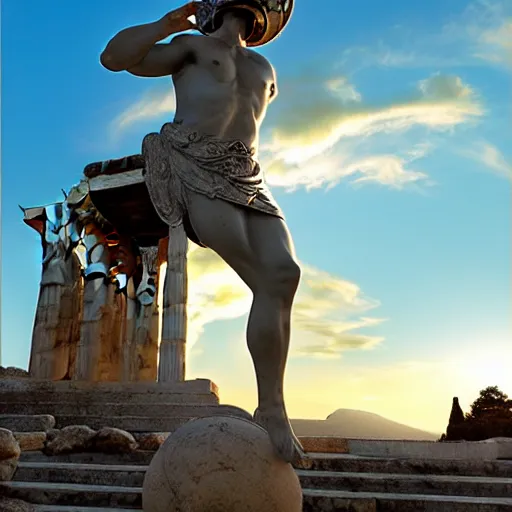 Image similar to tiny greek goddess in steel helmet standing on a giant greek bearded male head, greek temple of olympus glory island, late afternoon light, wispy clouds in a blue sky, by frank lloyd wright and greg rutkowski and ruan jia