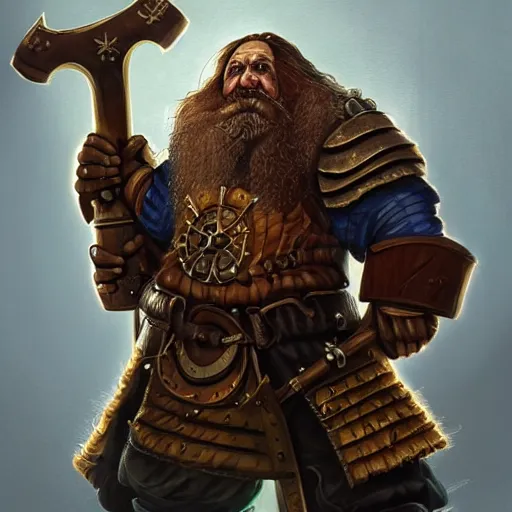 Prompt: a detailed portrait painting of the dwarf bardin goreksson, from vermintide 2 video game, holding a shield and hammer, iron breaker, steampunk engineer, artstation, 8 k, fantasy