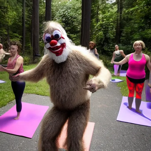 Prompt: a Bigfoot clown leads a yoga class. AP photograph