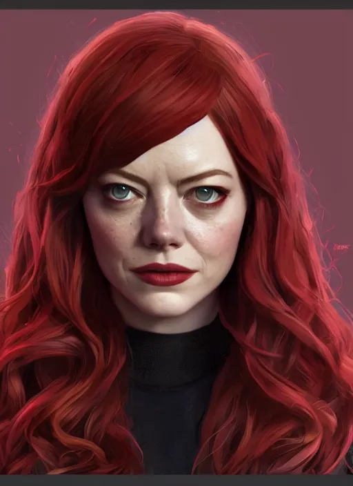 Image similar to portrait of emma stone as the scarlet witch, hyper detailed, digital art, cinematic lighting, studio quality, smooth render, unreal engine 5, octane rendered, art style by klimt and nixeu and ian sprigger and krenz cushart.