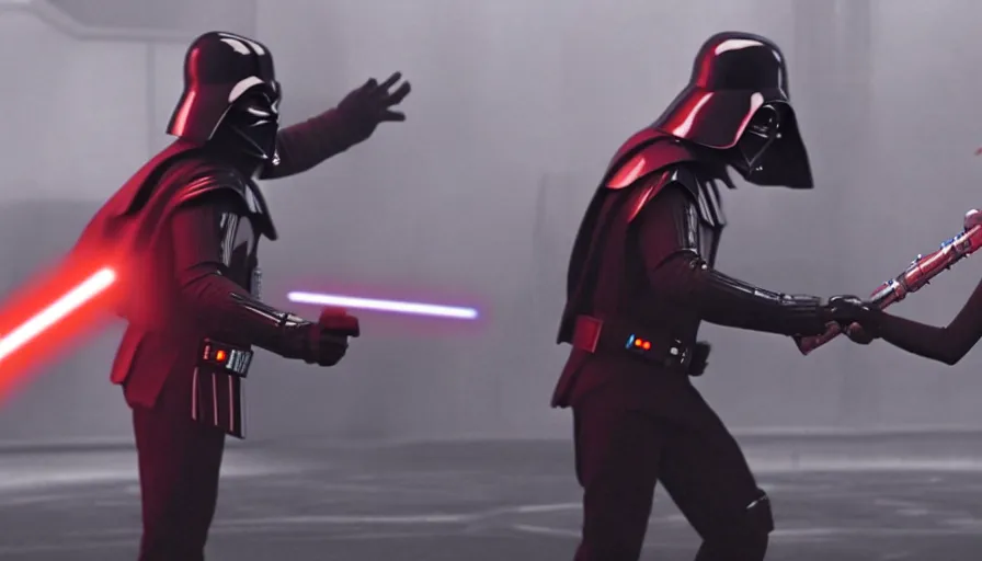 Image similar to cinematic shot of darth vader fighting harley quinn with a lightsaber, movie sequence from the original star wars