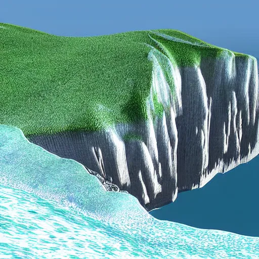 Image similar to concave islands surrounded by steep crystalline cliffs, high quality digital art