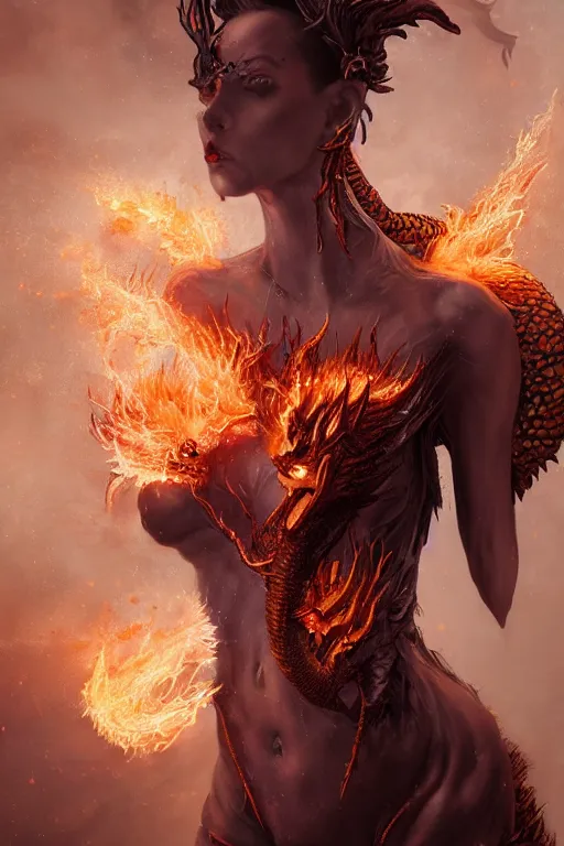 Image similar to photography torso closeup model wearing exploding fire dragon skin dress, sorcerer, diamonds, angel, fantasy, dramatic lighting, d & d, highly detailed, digital painting, holding electricity, magic the gathering, hyper detailed, 3 d render, hyper realistic detailed portrait, peter mohrbacher, wlop, ruan jia