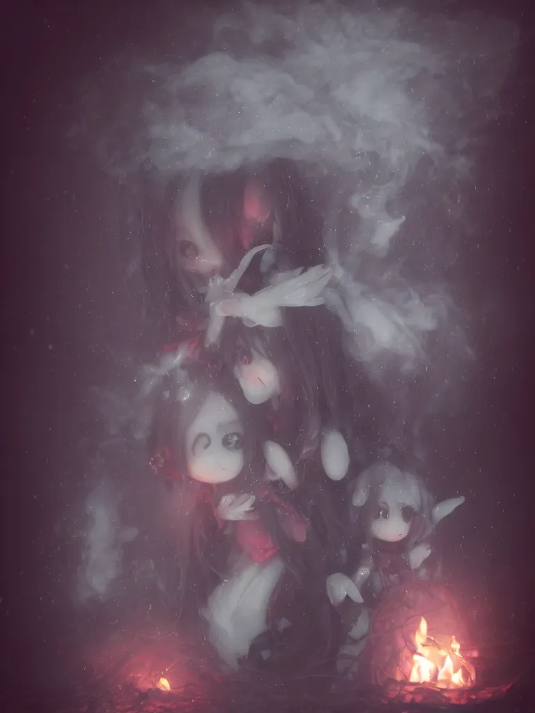 Prompt: cute fumo plush of a cursed frail witch bunny girl held tight in the arms of a translucent ghost mother, hugging and cradling, anime, eerie pretty melting volumetric smoke and fog, dark environment map pbr reflective stormy water, gothic maiden, bokeh, vignette, vray