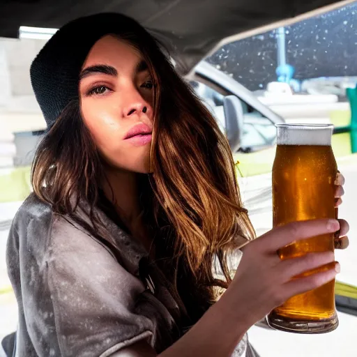 Image similar to 4k,ultra detailed portrait of Madison Beer drinking beer at the parking lot by Rachel Ruysch