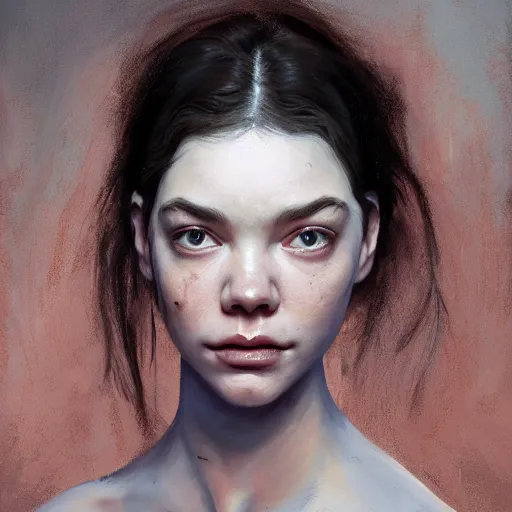 Prompt: expressive oil painting, alien gray - skinned woman based on jennifer connelly mixed with anya taylor - joy, rage, bumpy mottled skin, big black feathered wings instead of arms, body horror, by yoshitaka amano, by greg rutkowski, by jeremy lipkinng, by artgerm, digital art, octane render