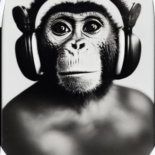 Image similar to a polaroid photo of a monkey with headphones