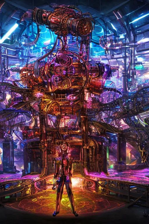 Image similar to a band shirt, bandname is tripmachine, tourname is invasion of the tripmachines, realistic digital art, 3 d render of two huge futuristic steampunk generators inside a huge steampunk engine, 8 k, fluorescent colors, halluzinogenic, multicolored, exaggerated detailed, unreal engine