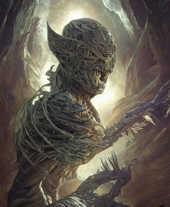 Image similar to portrait of a shining predatory insect alien monster, muscles, rippling, milky way environment, ultra realistic, concept art, intricate details, eerie, highly detailed, photorealistic, octane render, 8 k, unreal engine. art by artgerm and greg rutkowski and alphonse mucha