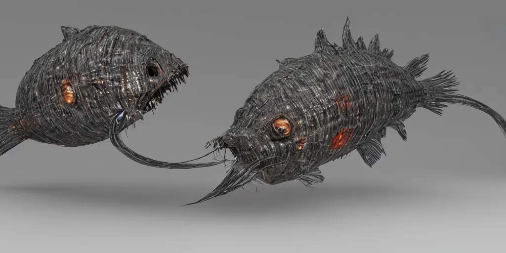 Image similar to angler fish sculpture, stylized layered shapes, long flowing fins, bioluminescent orbs, 3 d render, substance painter, glowing eye, intricate, highly detailed, lifelike, smooth, sharp focus, art by h r giger