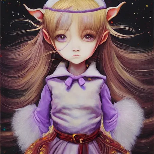 Image similar to little elf girl, santa claus suit, soft hair. light color palate, purple, yellow and white. detailed soft painting, ayami kojima, made in abyss, anatomically correct, inspired in balthus, high detailed face anime, vogue magazine, glorious composition