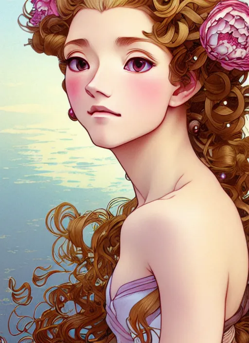 Image similar to young blond girl, goddess of pearls and peonies, with long curly, hazelnut hair, perfectly proportioned face, brown eyes, sweet smile, strong jawline,, natural lighting, path traced, highly detailed, high quality, cartoon, digital painting, by new haicheng and studio ghibli and alphonse mucha