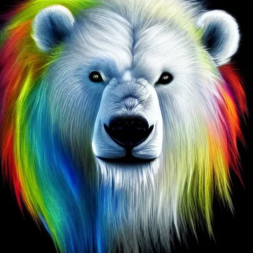 Prompt: cute fluffy polar bear with long colorful flowing lion mane with mohawk hairstyle hybrid animal detailed painting 4 k