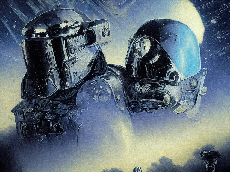 Image similar to a detailed profile oil painting of a lone shock trooper in a space armour with reflective helmet, cinematic sci-fi poster. technology flight suit, bounty hunter portrait symmetrical and science fiction theme with lightning, aurora lighting clouds and stars by beksinski carl spitzweg and tuomas korpi. baroque elements, full-length view. baroque element. intricate artwork by caravaggio. Trending on artstation. 8k