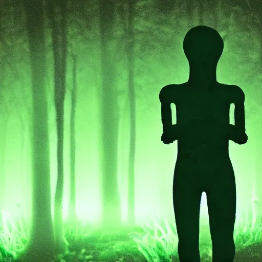 Image similar to film frame of a green glowing humanoid emerging from a dark forest full of dead trees at night, creepy, horror, uncanny, old camera footage, REC sign,