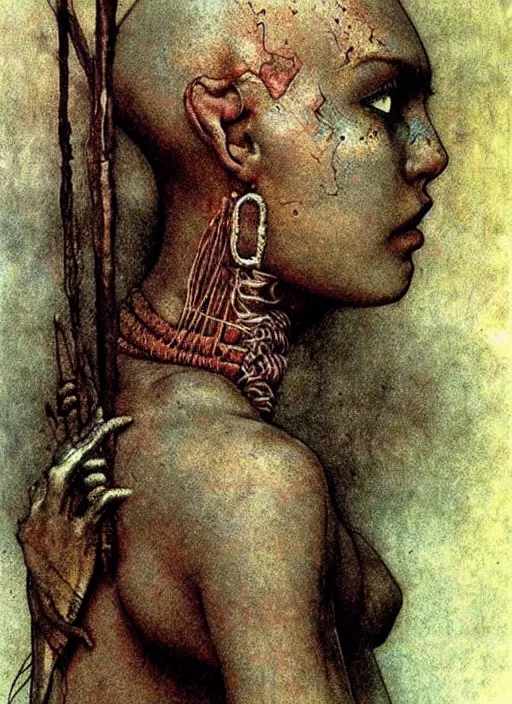 Prompt: bald barbarian girl in tribal painting by Beksinski and Arthur Rackham