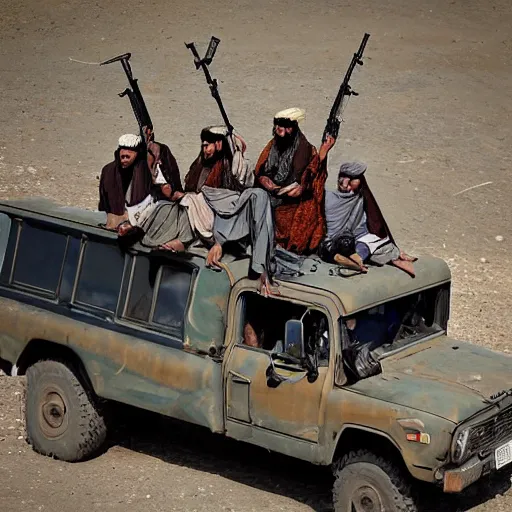 Image similar to the taliban riding on top of tow mater with mounted machineguns, photojournalism photography